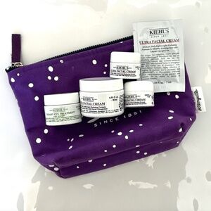 New 5 pc Travel Lot Kiehl's Skincare Ultra Facial Cream Eye  + Cosmetic Bag